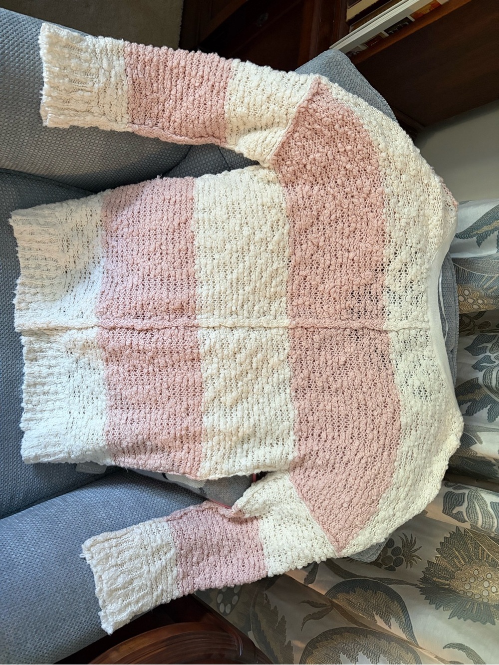Free People Striped V-Neck Sweater in Pink and Cream - Picture 4 of 6